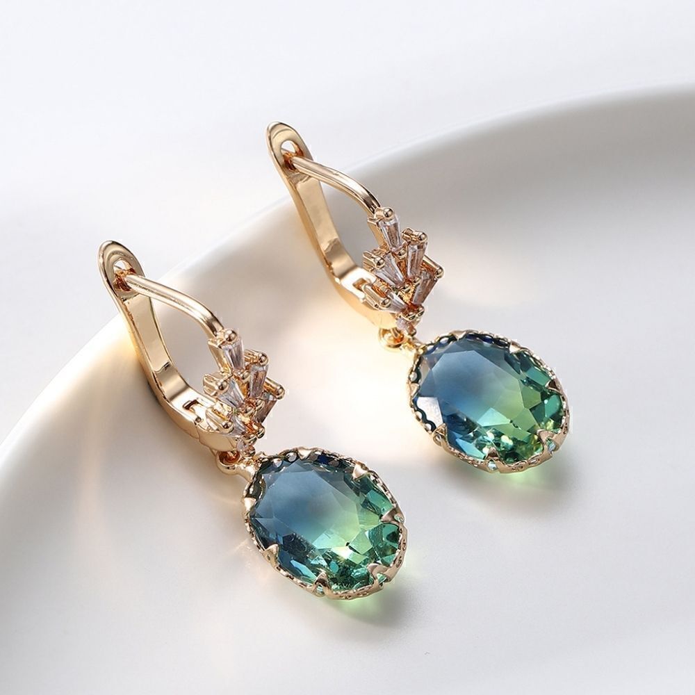 Gemstone Drop Earrings Blue Green Gold plated Fashion - Picture 2 of 3